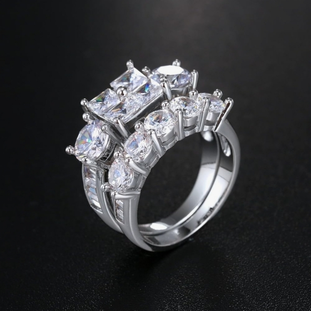 Princess AAA CZ 2pc Gold Plated/Rhodium Engagement Wedding Ring Set - Picture 3 of 5